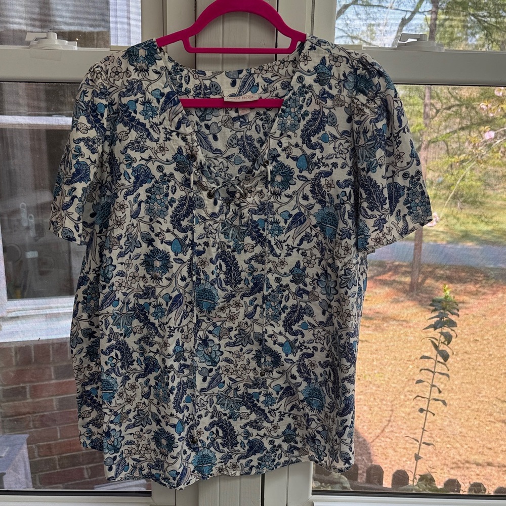 Knox Rose Blue Floral V-Neck Tie-Front Short Sleeve 100% Cotton Blouse XXL